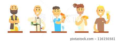Man Bartender Character Pouring and Serving Alcoholic Drink at Counter Vector Set 116150381
