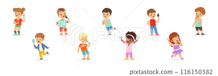 Cute Kid Character Eat Ice Cream Tasty Dessert Vector Set Cute Kid Character Eat Ice Cream Tasty Dessert Vector Set 116150382