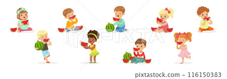 Cute Kid Character Eat Ripe Juicy Watermelon Fruit Vector Set Cute Kid Character Eat Ripe Juicy Watermelon Fruit Vector Set 116150383