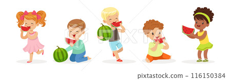 Cute Kid Character Eat Ripe Juicy Watermelon Fruit Vector Set Cute Kid Character Eat Ripe Juicy Watermelon Fruit Vector Set 116150384