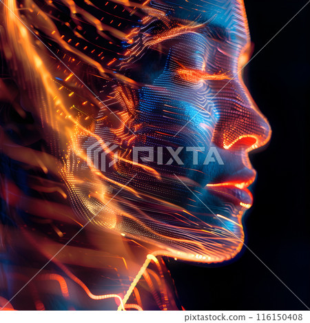 Wallpaper of virtual Woman Face on digital background, abstract technology concept, realistic illustration 116150408