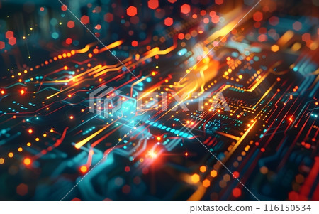 Wallpaper of virtual Micro Chips on digital background, abstract technology concept, realistic illustration 116150534