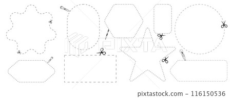 Cut here icon. Set of scissors cutting shape, paper cut here icon with dotted line for ticket, coupon, promo code. 116150536