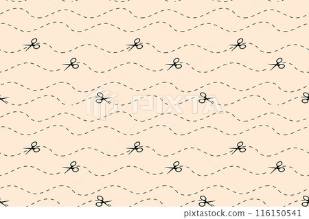 Cut here seamless pattern. Vector scissors with dotted lines, paper cut here seamless pattern for ticket, coupon, promo code. Cut here seamless pattern. Vector scissors with dotted lines, paper cut here seamless pattern for ticket, coupon, promo code. 116150541