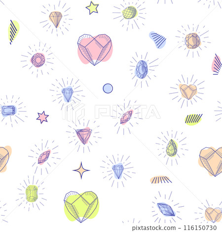 Gemstone crystal seamless pattern. Pastel gems and stars on white background 116150730