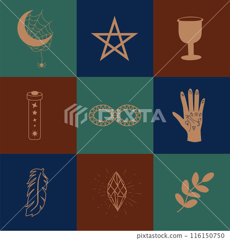 Set of magic symbols, celestial seamless pattern. Astrological, magical and esoteric symbols 116150750