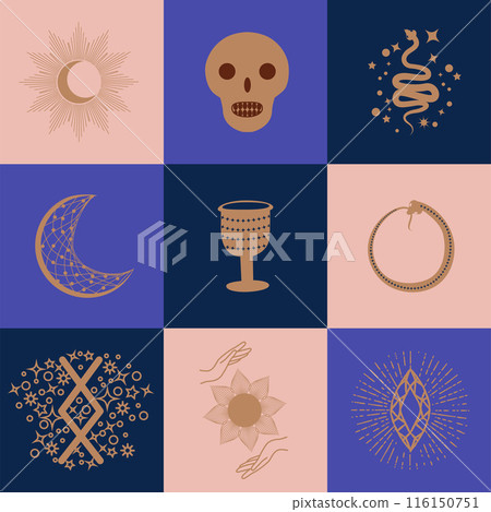 Set of magic symbols, celestial seamless pattern. Astrological, magical and esoteric symbols Set of magic symbols, celestial seamless pattern. Astrological, magical and esoteric symbols 116150751