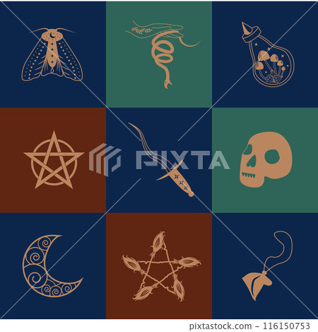 Set of magic symbols, celestial seamless pattern. Astrological, magical and esoteric symbols 116150753