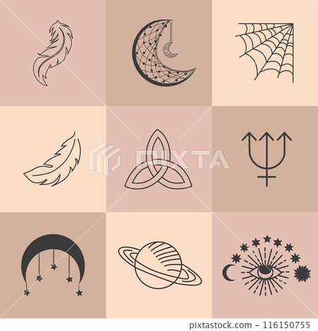 Set of magic symbols, celestial seamless pattern. Astrological, magical and esoteric symbols Set of magic symbols, celestial seamless pattern. Astrological, magical and esoteric symbols 116150755