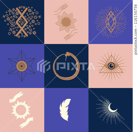 Set of magic symbols, celestial seamless pattern. Astrological, magical and esoteric symbols 116150756