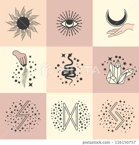 Set of magic symbols, celestial seamless pattern. Astrological, magical and esoteric symbols 116150757