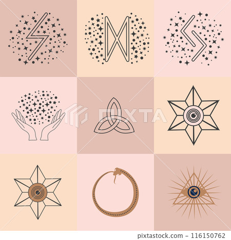 Set of magic symbols, celestial seamless pattern. Astrological, magical and esoteric symbols Set of magic symbols, celestial seamless pattern. Astrological, magical and esoteric symbols 116150762