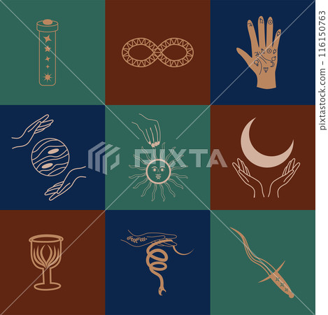 Set of magic symbols, celestial seamless pattern. Astrological, magical and esoteric symbols 116150763