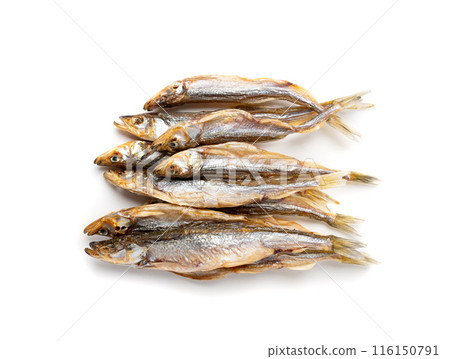 Dry smelt isolated, salted small herring, dried sardina, salted seafood, beer snacks stockfish 116150791