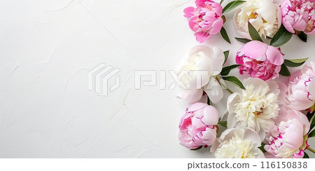 Flowers composition. Flat lay. Top view. Border frame made of pink and beige peonies isolated on white background. Gentle peonies and ranunculus. Beautiful backdrop for design. Floral assorted peony Flowers composition. Flat lay. Top view. Border frame made of pink and beige peonies isolated on white background. Gentle peonies and ranunculus. Beautiful backdrop for design. Floral assorted peony 116150838