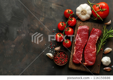 Pork raw meat, black stone background, spices, tomatoes, herbs. Top view Banner. Fresh red meat with pepper, salt for grilling on dark cutting board. Prime fillet. Food magazine style. Chief menu BBQ 116150886