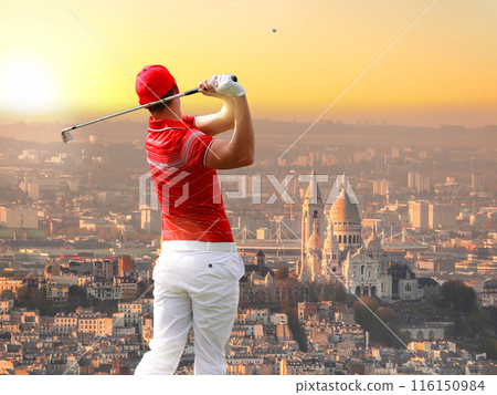 Olympic golf in Paris 2024( man playing golf against cathedral Sacre Coeur with sunset in France) 116150984