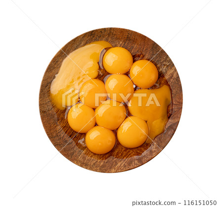 Egg Yolks on Plate Isolated, Fresh Chicken Egg Yolk Separated from Whites on Wooden Rustic Plate 116151050