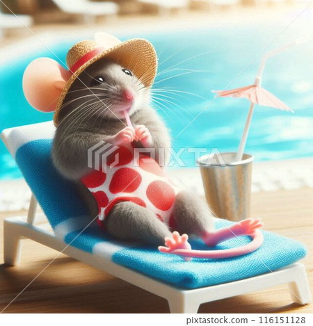 穿著泳衣的老鼠在海灘上放鬆 穿著泳衣的老鼠在海灘上放鬆 116151128