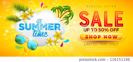 Summer Sale Banner Design with Flower, Sunglasses and Beach Holiday Elements on Yellow Background. Tropical Vacation Vector Floral Illustration with Special Offer Typography for Coupon, Voucher, Flyer 116151198