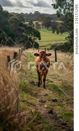 Lonely cow on a pasture on a walk 116151266