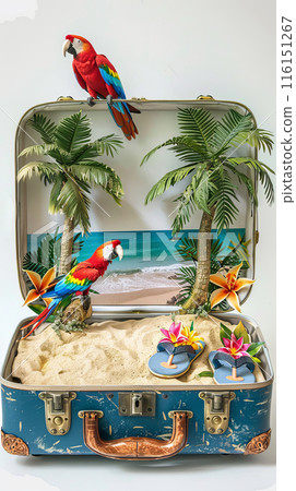 Open retro suitcase with seascape and sand, palm trees and parrots Open retro suitcase with seascape and sand, palm trees and parrots 116151267