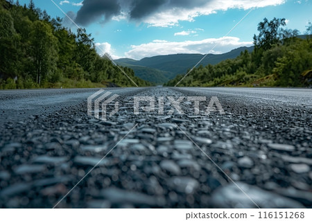 Laying fresh asphalt, road work, road with fresh asphalt Laying fresh asphalt, road work, road with fresh asphalt 116151268