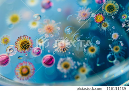 Various types of bacteria in a petri dish under a microscope 116151289