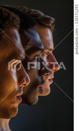 Profile view of young men of different nationalities, ethnicity and skin color, diversity and freedom concept 116151291