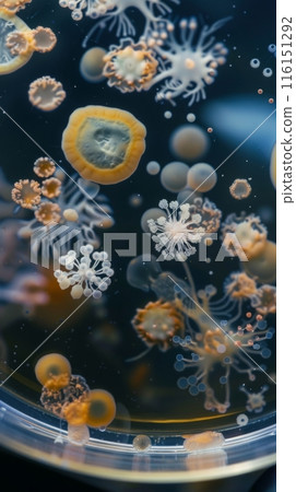 Various types of bacteria in a petri dish under a microscope 116151292