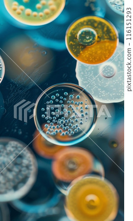 Various types of bacteria in a petri dish under a microscope 116151293