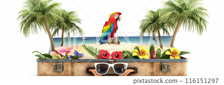 Open retro suitcase with seascape and sand, palm trees and parrots 116151297