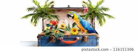 Open retro suitcase with seascape and sand, palm trees and parrots Open retro suitcase with seascape and sand, palm trees and parrots 116151306
