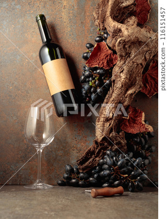 Bottle of red wine with blue grapes on a rusty background. 116151457
