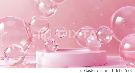 Cylinder empty podiums and floating soap bubbles on pastel pink background. Transparent round blank pedestal place for cosmetics product display. Platform. Scene with geometrical forms glass balls Cylinder empty podiums and floating soap bubbles on pastel pink background. Transparent round blank pedestal place for cosmetics product display. Platform. Scene with geometrical forms glass balls 116151558