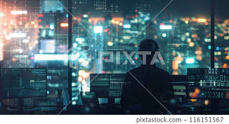 Person silhouette against glowing digital backdrop. Male standing on a flow of data showing cyber threats, vulnerabilities. VR environment screens displaying coding. AI Artificial Intelligence concept 116151567