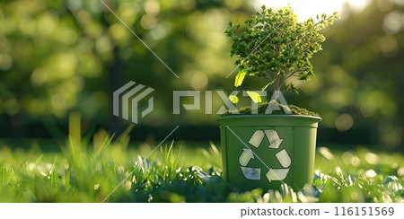 Green Plant growing in a pot with recycle symbol icon, eco sign. Bokeh blur natural background. Copy space for text. Saving the Earth, Earth Day, environmental sustainability. Reforestation 116151569