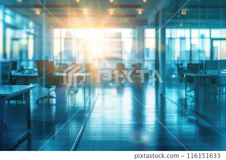 Modern office interior with glass walls and blue lighting effects. Useful for business presentations and professional environment illustrations. Modern office interior with glass walls and blue lighting effects. Useful for business presentations and professional environment illustrations. 116151633