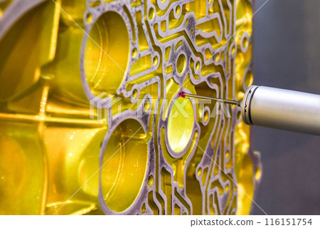 Close up automatic coordinate measurement machine (CMM) for inspection high precision part during working 116151754