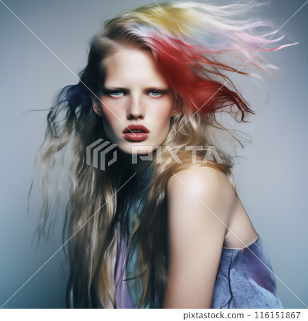 beautiful woman with long curly hair 116151867