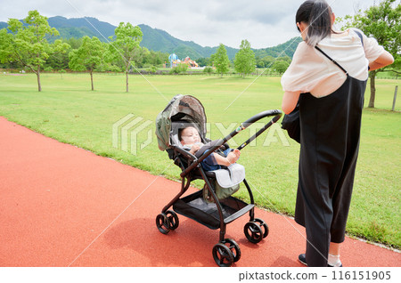 Baby in a stroller and mother childcare 116151905