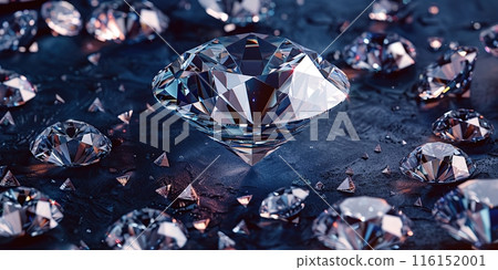 Diamonds. Close up of sparkling luxury diamonds of different cuts and sizes on a dark blue background with shadows. Dazzling shiny transparent pure diamonds soft focus with bokeh. Jewel, jewellery 116152001