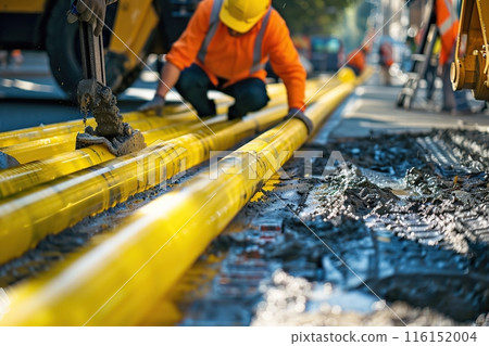 Construction work for replacement of engineering pipes. Workers installing an underground pipe on city street. Repair, laying water pipes or replacing sewer pipes Installation of plumbing, sanitation 116152004