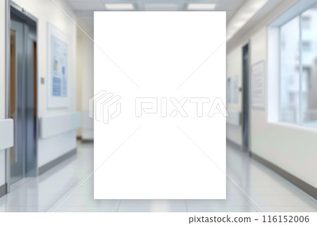 Mock-Up promotion poster displayed on the front of bright blur medical clinic, hospital interior background with defocused effect. Blank A4 white paper on abstract defocused luxury office corridor. Ad 116152006