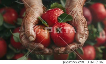 Three fragrant red apples in tired female hands Three fragrant red apples in tired female hands 116152107