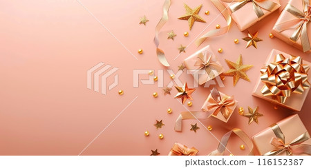 New Year banner. Christmas gift boxes tied with bows, balls, golden decorations. Season's greetings scene perfect for messages or promo. Xmas frame. Gifts on peach fuzz. Presents with stars, confetti 116152387