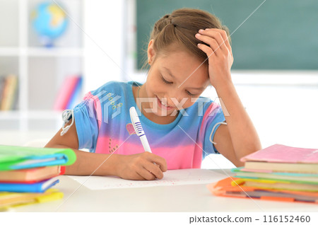 Portrait of girl studing with books at classroom 116152460