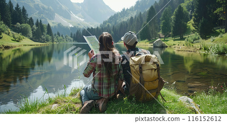 Beautiful young tourist couple with map looking at the mountain lake. Summer trip in nature. Lifestyle, togetherness, active life concept. Travelers with backpacks relaxing after hiking. Tourism 116152612