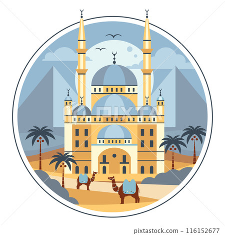 Pyramids and Mosque in Egyptian Desert with Camels Pyramids and Mosque in Egyptian Desert with Camels 116152677