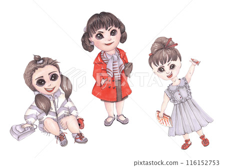 Back to school. Cartoon little girls. Fashionable teenager. Isolated children's illustration. Child schoolboy, student. Mixed media drawing 116152753